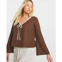 Contrast Trim Tie Front Blouse