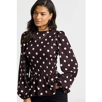 Shirred Long Sleeve Top Chocolate Spot