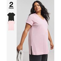 2 Pack Longline V Neck T Shirt Blush Black