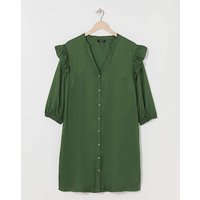 Viscose Twill Frill Shoulder Shirt Dress Dark Green