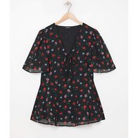 Ruched Keyhole Tie Blouse Print