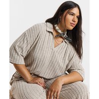 Cut & Sew Wide Rib Polo Top Oatmeal Marl