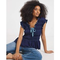 Shirred Peplum V Neck Top