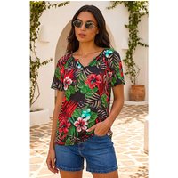 Textured Floral Print V Neck Top