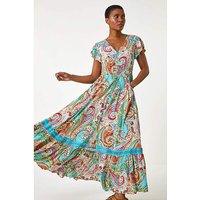 Paisley Shirred Waist Maxi Dress Light Blue