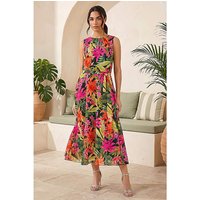 Leaf Chiffon Pleat Neck Midi Dress