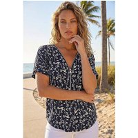Floral Puff Print Zip Front Top