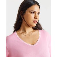 Rib V Neck Lace Trim T Shirt