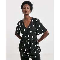 Angel Sleeve Button Front Longline Top Spot Print