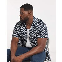 & Milo Textured Resort Shirt Navy White & L