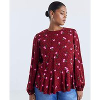 Long Sleeve Peplum Top Cherry Print