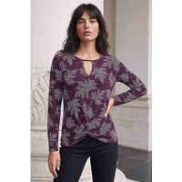 Leaf Print Twist Front Keyhole Top