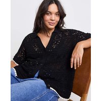 Pointelle Collared Knit Top Black Ivory 8 10