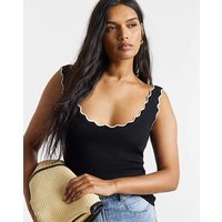 Contrast Scallop Rib Knit Vest Black Ivory 8 10