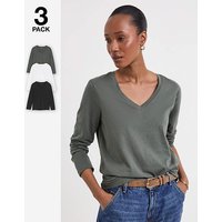 3 Pack V Neck Long Sleeve T Shirts Black White Khaki JD Williams