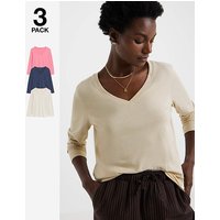 3 Pack V Neck Long Sleeve T Shirts Rose Oatmeal Navy JD Williams