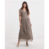 Pleated Short Sleeve Mesh Dress Leopard Print