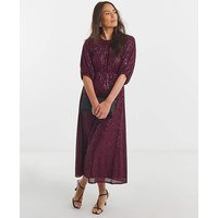 Linear Sequin Puff Sleeve Midi Dress Cherry RED