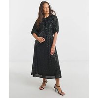 Linear Sequin Puff Sleeve Midi Dress Pine