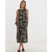 Border Print Linen Midi Shift Dress Print