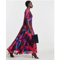 V Neck Drop Waist Pleated Mesh Dress Tropical Print JD Williams