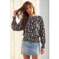 Roman Abstract Print Shirred Hem Top in Beige
