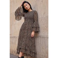 Roman Originals Animal Print Frill Sleeve Midi Dress in Tan