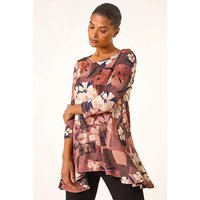 Roman Floral Print Hanky Hem Top in Brown