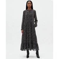 Collarless Spot Maxi Dress Black White