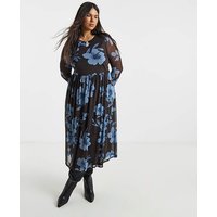 Simply Be Floral Mesh Midi Dress in Chocolate/Blue - Size 24