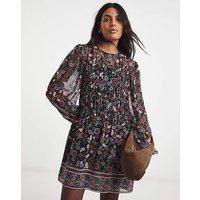 Shirred Floral Border Print Skater Dress Floral