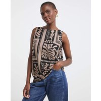 Slash Neck Linen Mix Shell Top Print