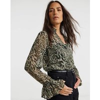 Georgette Pleat Cuff Collar Blouse Leopard