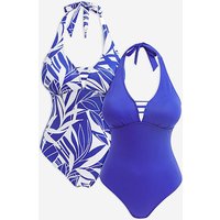 Value 2 Pack Halterneck Swimsuits Leafprint Cobalt JD Williams