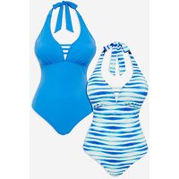 Value 2 Pack Halterneck Swimsuits Blue Stripe JD Williams