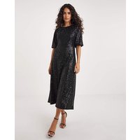 Linear Sequin Puff Sleeve Midi Dress