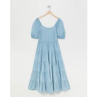 Cotton Volume Maxi Smock Dress Denim Blue