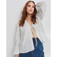 Spot Print Tie Front Blouse Spot Print