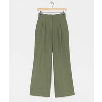 Linen Pleated Wide Leg Trousers Olive Green