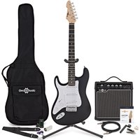 LA Linkshändergitarre Schwarz im Bundle mit 15-Watt-Verstärker und Zubehör-Komplettset