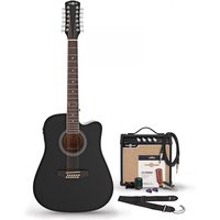 Dreadnought 12 String Electro Acoustic Guitar Black 15W Acoustic Amp & Accessory Pack