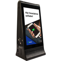 Espositore da tavolo digitale DOUBLESCREEN PEAK con batteria ricaricabile e cavi di ricarica per smartphone akkut; 9x11x24.5 cm (LxLxH); nero