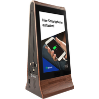 Espositore da tavolo digitale DOUBLESCREEN PEAK con batteria ricaricabile e cavi di ricarica per smartphone akkut; 9x11x24.5 cm (LxLxH); marrone