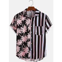 Men Clothing 2021 Summer New Men's Coconut Print Striped Stitching Casual Holiday Shirt Short-sleeved Camisas Para Hombre