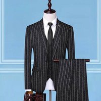 Men's Suit Three-Piece Wedding Banquet Suit Linen Stripe Slim Fashion British Style
