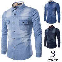 Plus Size Nen's Denim Shirt Chest Double Pocket Slim Long Sleeve Shirt