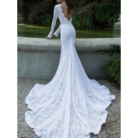 White Lace Long Sleeve Backless Full Length Maxi Dress