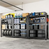 3-Pack Heavy Duty 4-Tier Garage Shelving with Hooks, 10,000 lbs Metal Storage Racks for Tools & Storage Bins
