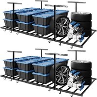 FLEXIMOUNTS Overhead Garage Storage Rack 4'x8' 750LBS Adjustable Ceiling Mount with 6 Hooks Black Steel,2 pack