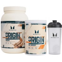 Image of Myprotein Origin Bundle - Protein - Caramelised Biscuit - Pre-Workout - Orange Mango Soda - Shaker